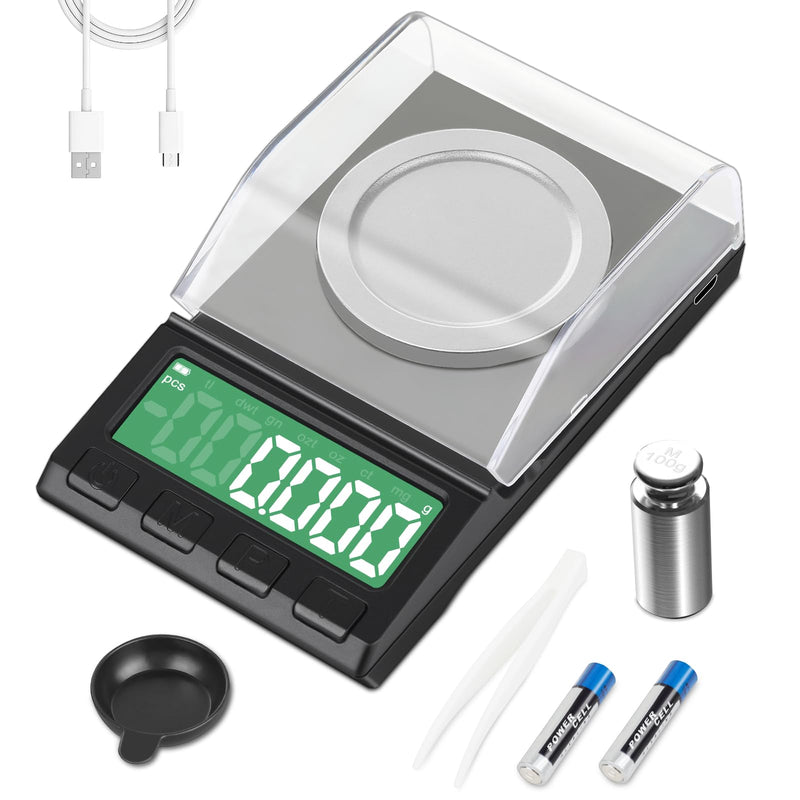 Portable Milligram Scale 100g/0.001g, Diyife Rechargeable Gram Scale with 8 Units, High Precision Powder Scale with Cover, Backlit LCD, Batteries/Tray/Tweezers/100g Calibration Weight Included