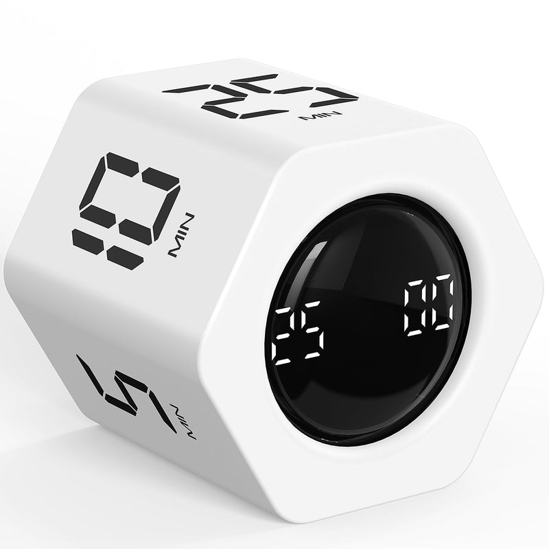 Rotating Pomodoro Timer 5, 25, 10 30,60 Mins Preset Stopwatch, Desk Flip ProductivityTimer, ADHD Tool Hexagon, Vibration/Mute/Alarm, for Work, Study, Back to School, Kitchen, White 1