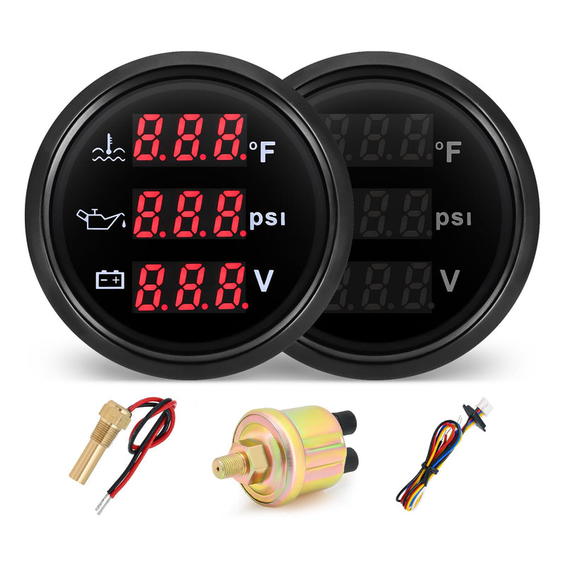 Triple Gauge Set - Water Temp (104°F-248°F), Oil Pressure (0-145PSI), Voltmeter (9-32V), AUTO Gauge with Sensors 2" 52mm 3-in-1 Boat Marine Meter Kit (Black) Black