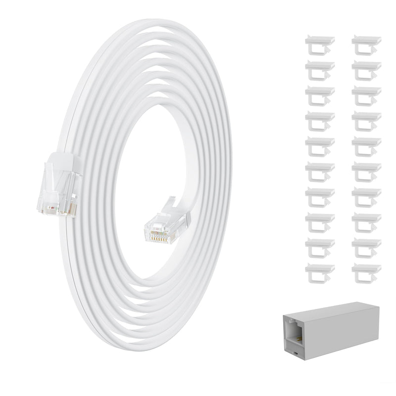 Telephone Extension Cord 100 Ft, Anti-UV Weatherproof Phone Cable Line Wire with Standard RJ11 Plug for Landline Modem Fax Machine Outdoor with 1 in-Line Coupler&Clip Holders -Flat-White 100FT