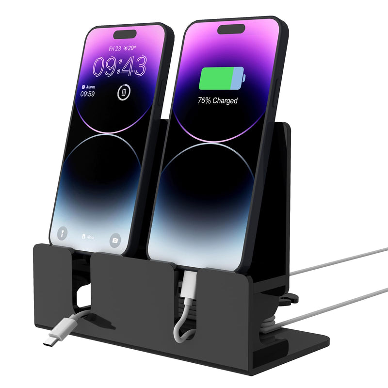 Dual Phone Holder Organizer Stand for 2 Phones, Acrylic Desktop Universal Mobile Phone Docking Station Charger Holder with Cable Management, Black