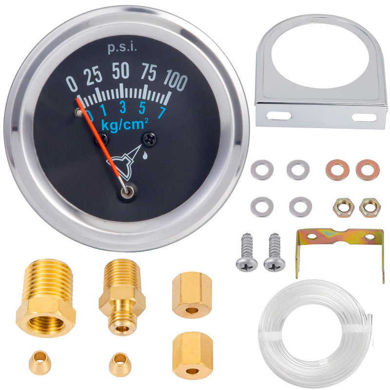 7-153 Oil Pressure Gauge Kit Universal Fit with Plastic Tube and Threaded Parts, Chrome,Black A031-7-153 Oil Pressure Gauge Kit