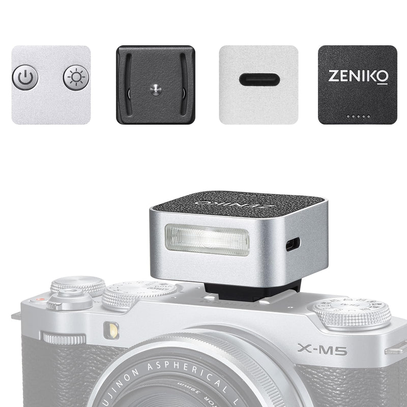 Zeniko ZF08 Aluminum Mini On‑Camera Flash for Canon Nikon Sony Fuji(Silver) | 440 Full-Power Mini Speedlite,Universal Hot Shoe, 470mAh Battery, CCT 6500K±200K, Travel Vlog Portrait Photography Accessory Silver