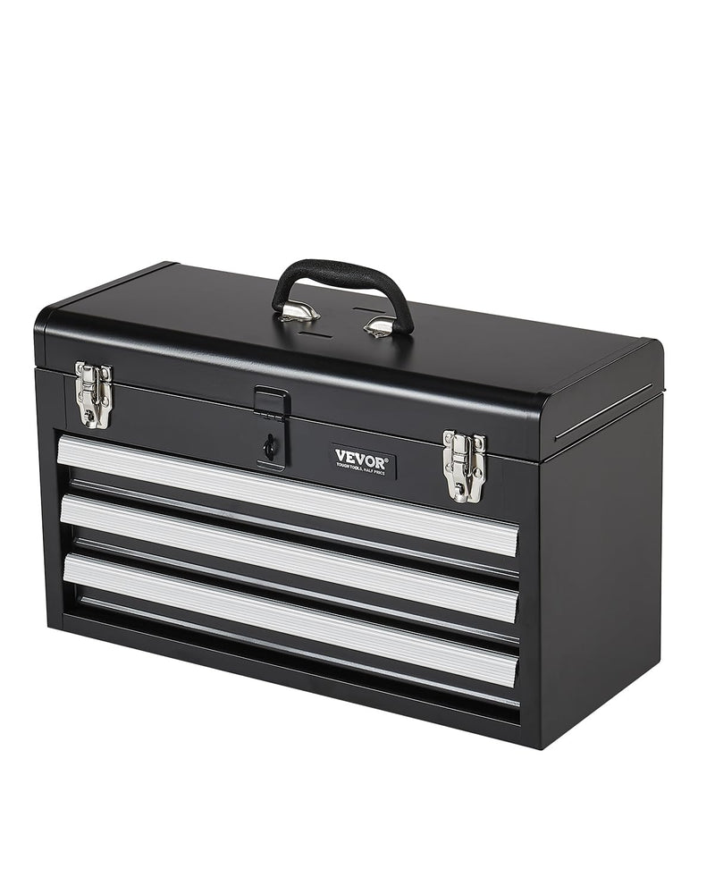 VEVOR Metal Tool Box, 20.5-inch, Portable Metal Tool Box with 3 Drawers, Small Tool Chest with EVA Liners, Ball Bearing Slide Drawers Locking & Powder Coated Finish, Multi-Function Tool Organizer Black-3 Drawer 20 in