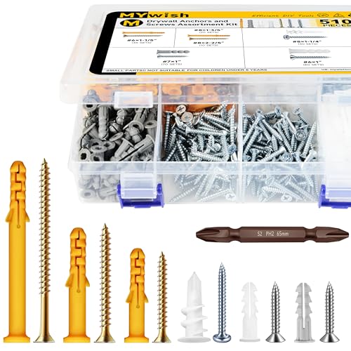 Mywish 510Pcs Wall Hanging Kit with Anchors and Screws, Dry Wall Anchors and Screws Kit for Picture Hanging, Plastic Drywall Screws and Anchors for Sheetrock Concrete Brick, 6 Sizes 510