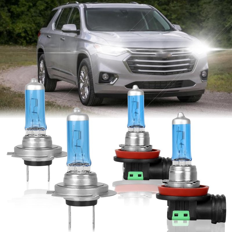 Fit for 2013-2018 Chevy Traverse High Performance Halogen Headlight Bulbs,H7 High Beam + H11 Low Beam Headlamp Replacement Bulbs Kit, Plug and Play,Pack of 4 for Chevy Traverse 2013-2018 (4 pieces)