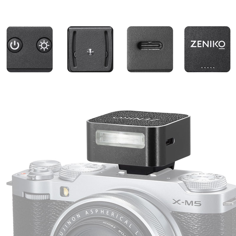 Zeniko ZF08 Aluminum Mini On‑Camera Flash for Canon Nikon Sony Fuji(Black) | 440 Full-Power Mini Speedlite,Universal Hot Shoe, 470mAh Battery, CCT 6500K±200K, Travel Vlog Portrait Photography Accessory Black
