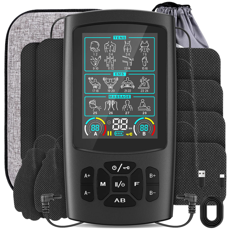 3-in-1 TENS Unit Muscle Stimulator with Color Display - Dual Channel EMS Machine, 28 Therapy Modes,40 Intensity Levels,8 Electrode Pads & EVA Case for Effective Pain Relief Multi