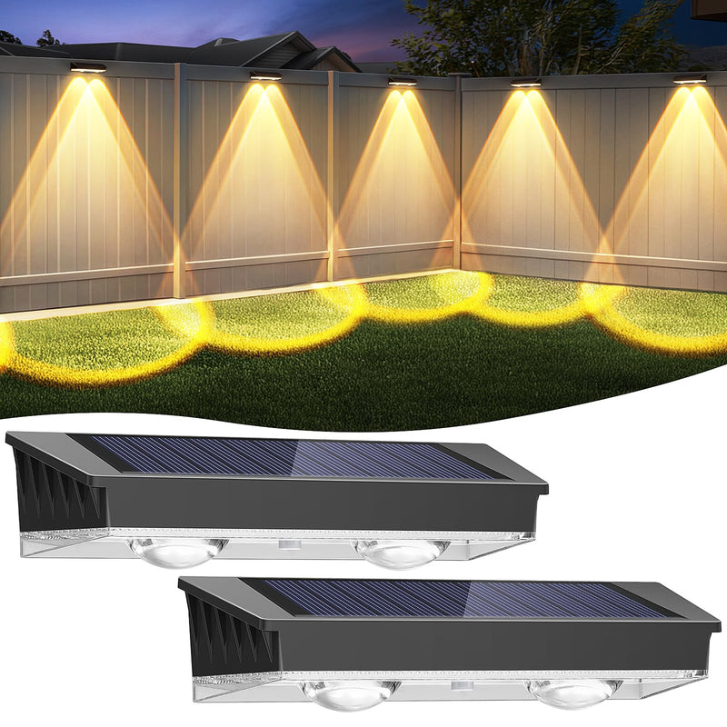 Solar Fence Lights Outdoor, 2 Pack Warm/Neutual/Cool White Fence Solar Lights with 2 LED, IP65 Waterproof, Backyard Patio Decor for Deck, Wall, Railing, Pool, Stair
