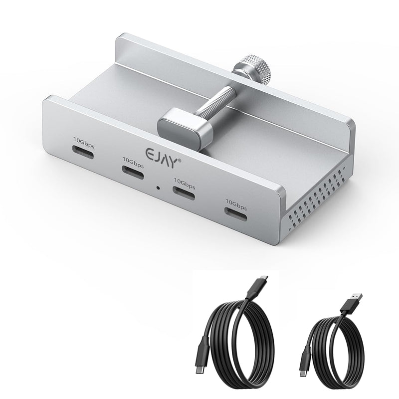 EJAY 10Gbps USB C Hub 4Ports Aluminum USB 3.2 Docking Hub Clamp Design for Desk/Computor with Extra Power Supply Port and 47inches Long Data Cable&39inches Power Cable (BJ-4C-SV) with 4 USB C Silver