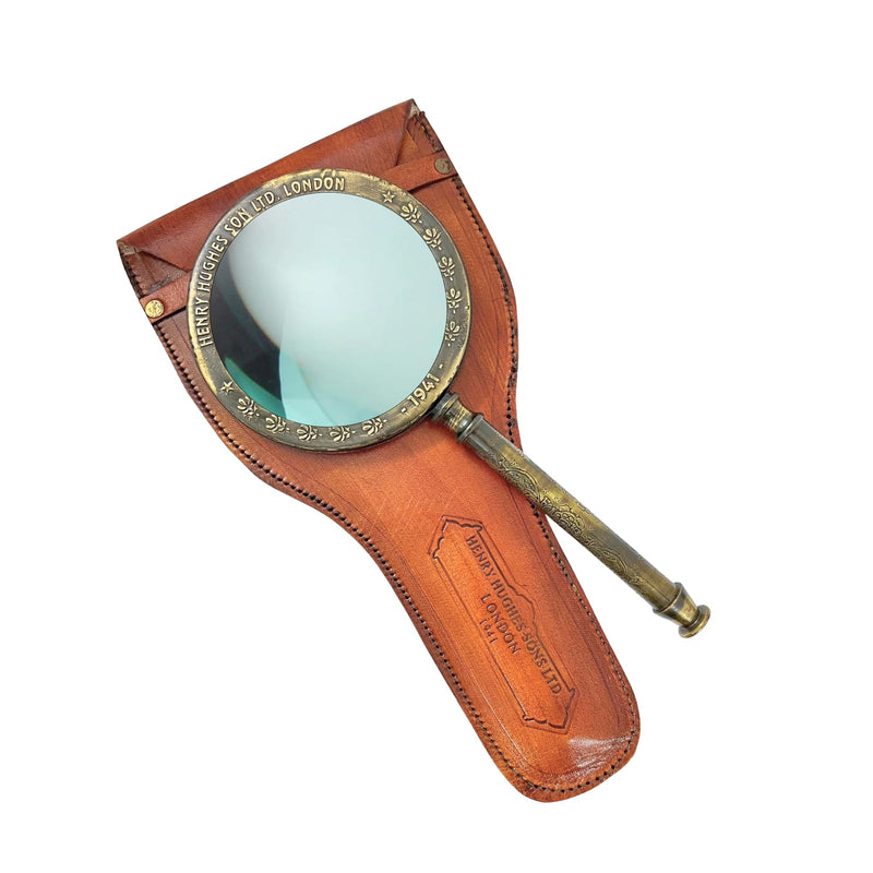 Large 10x Brass Magnifying Glass by The Magic Bella – Antique Henry London Engraved Solid Brass Magnifier with Optical Lens, Vintage Marine Style, Leather Case for Reading & Coins Large
