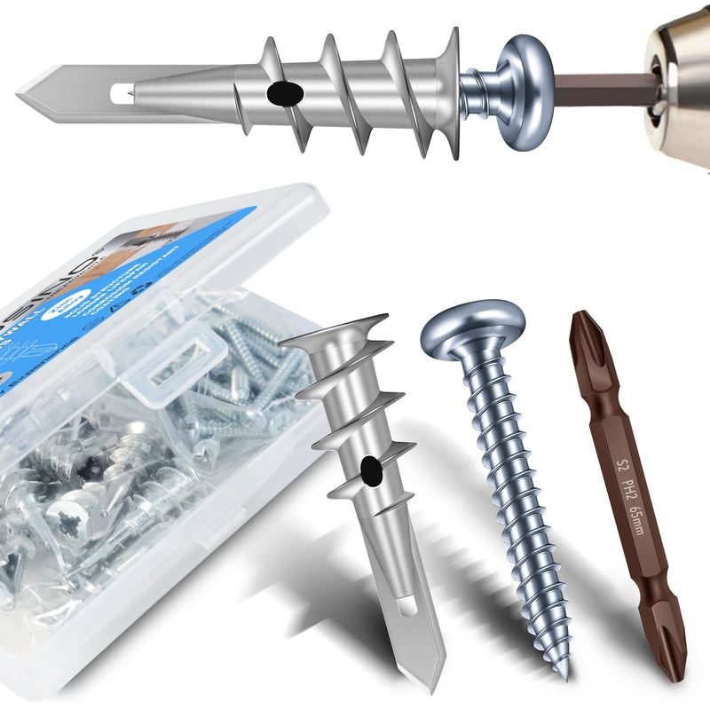 Zinc Self-Drilling Drywall Anchors with Screws Kit, 120Pcs Heavy Duty Zinc-Plated Steel Wall Anchors and 120Pcs #8 x 1-1/4" Screws - Total 240 Pieces 120