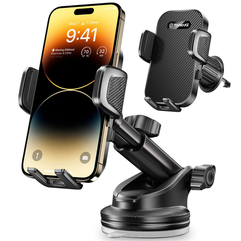 Topmake Car Phone Holder Mount,【2025 Upgrade】 3-in-1 Cell Phone Holder for Car, Dashboard Windshield, Suction Cup Hands-Free Car Phone Stand, Automobile Cradles Universal,Black Black