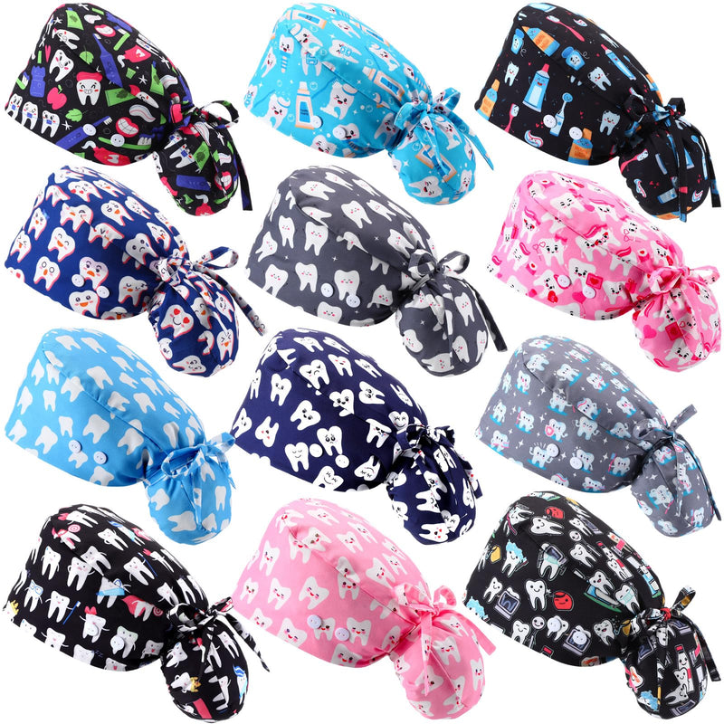 Tisancy 12 Pcs Dental Scrub Cap for Women Nurse Cap with Button Adjustable Dentist Surgical Hat Long Hair Ponytail Pouch Hat Classic
