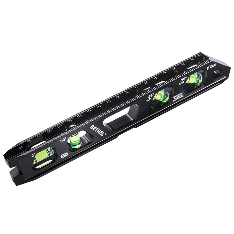 BETHEL 9 Inch Magnetic Torpedo Level with 4 Bubble Vials, V-Groove & Magnetic Rails, Black Aluminum Alloy Construction Black 9in