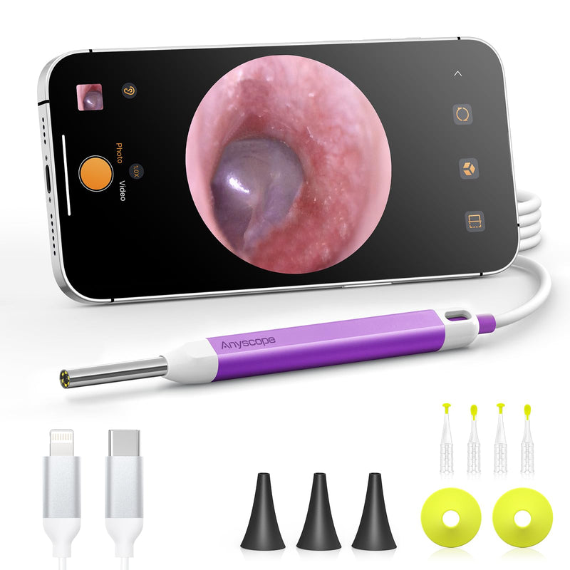 Digital Otoscope with Gyroscope, HD Ear Camera with Ear Wax Removal Tools, Video Ear Scope Otoscope with Light, Compatible with iPhone and Android (Purple) Purple