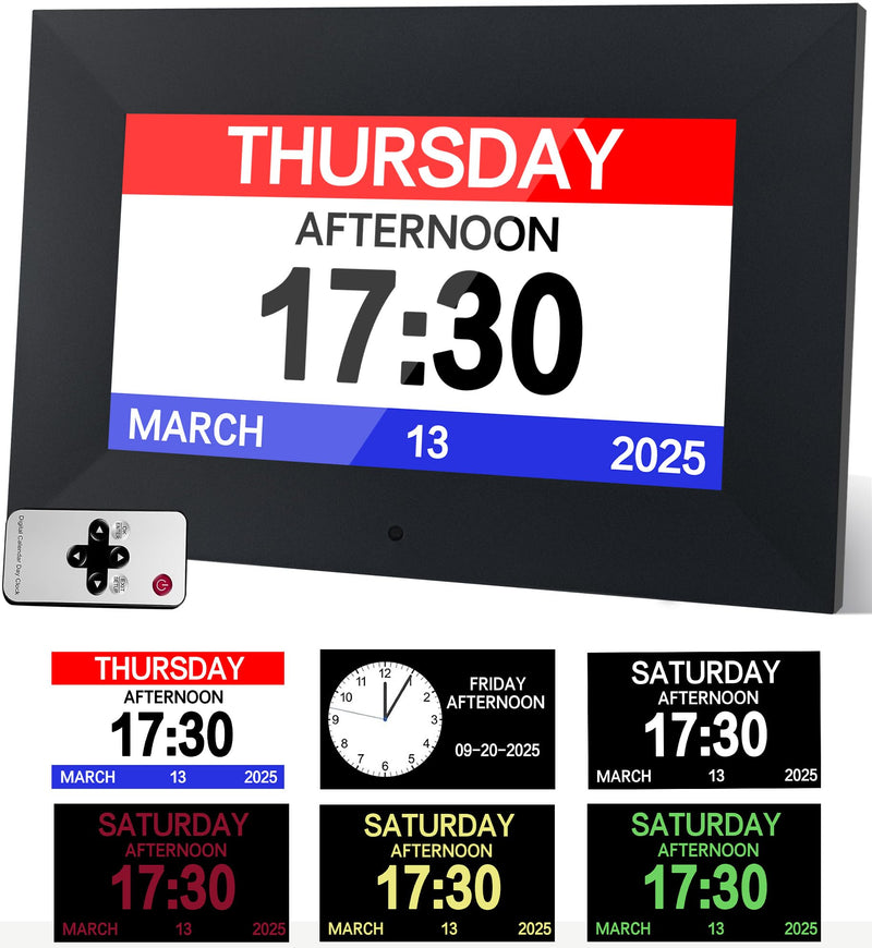 7" Digital Alarm Clock for Seniors, Dementia Clock with Day and Date for Elderly, Digital Calendar Day Clock with 20 Reminders & 20 Alarms, Auto-DST 7" Non-Touchscreen Black
