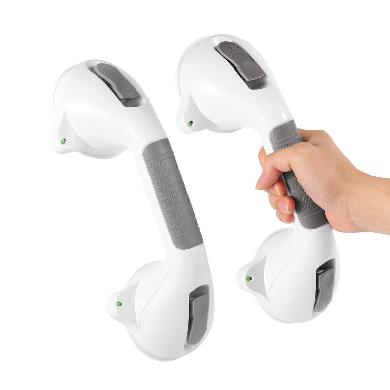 Suction Grab Bar with Safety Indicator for Bathtub Shower Bathroom, Heavy Duty Handrail Removable Reusable for Elderly Disabled and Kids, Anti-Slip Grip, No Drilling Tool Free, Waterproof Grey 12'' 2 Pack Gray