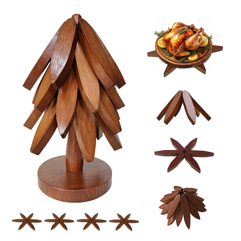 EGO LIFE Wooden Trivet Tree Set for Hot Dishes, 100% Natural Wood, Expandable Design Coaster, Foldable Tree-Sharped Placemats with 4PCS(Walnut Color)
