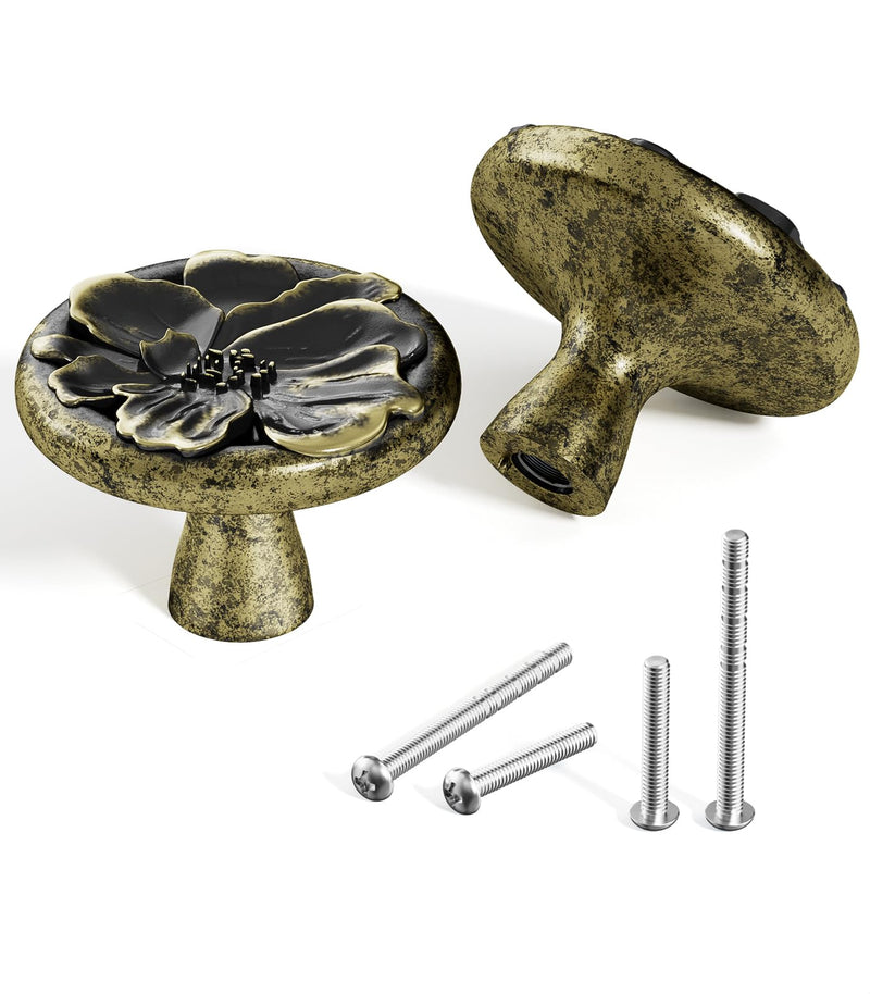 Satanga Flower Cabinet Pulls Handle Knob Drawer for Kitchen Dresser Wardrobe Bathroom and Cupboard One Hole Hardware Knobs for Girl Easy Installation Pack of 4 Retro Brass Single Hole