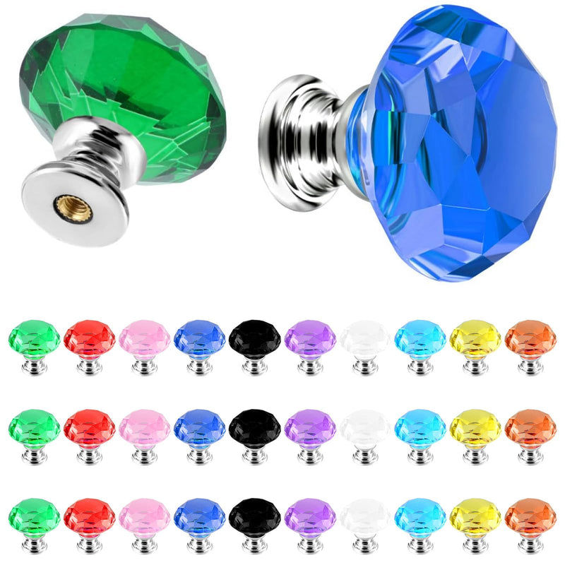 30 Pcs Colorful Crystal Drawer Knobs, 30mm Glass Dresser Knobs Cabinet Diamond Shape Pulls Handle for Wardrobe, Kitchen, Bathroom, Cupboard(10 Colors)