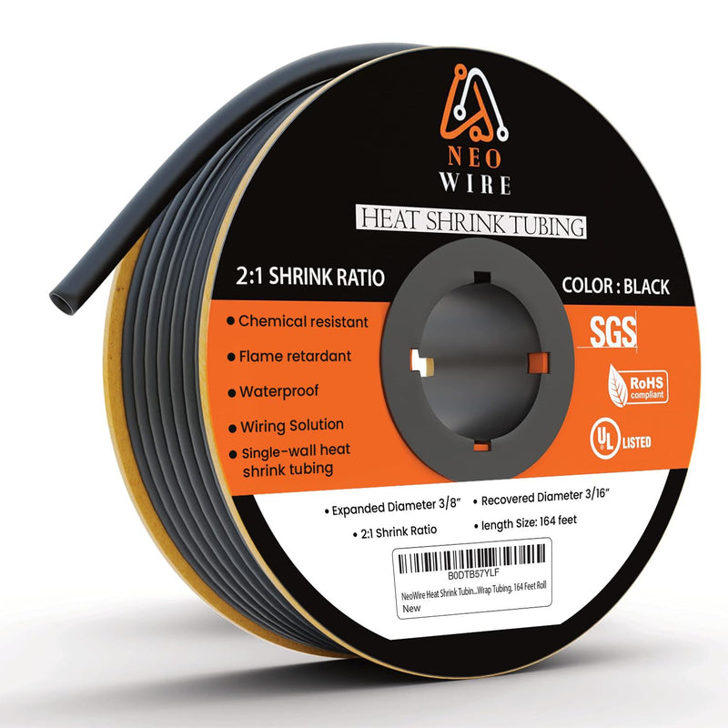 Heat Shrink Tubing 3/8" (9.5mm), 2:1 Ratio Shrink Tube Industrial,Single Wall Wire Shrink Wrap Tubing, 164 Feet Roll 3/8" (9.5mm) 164 Feet 2:1 Black 1