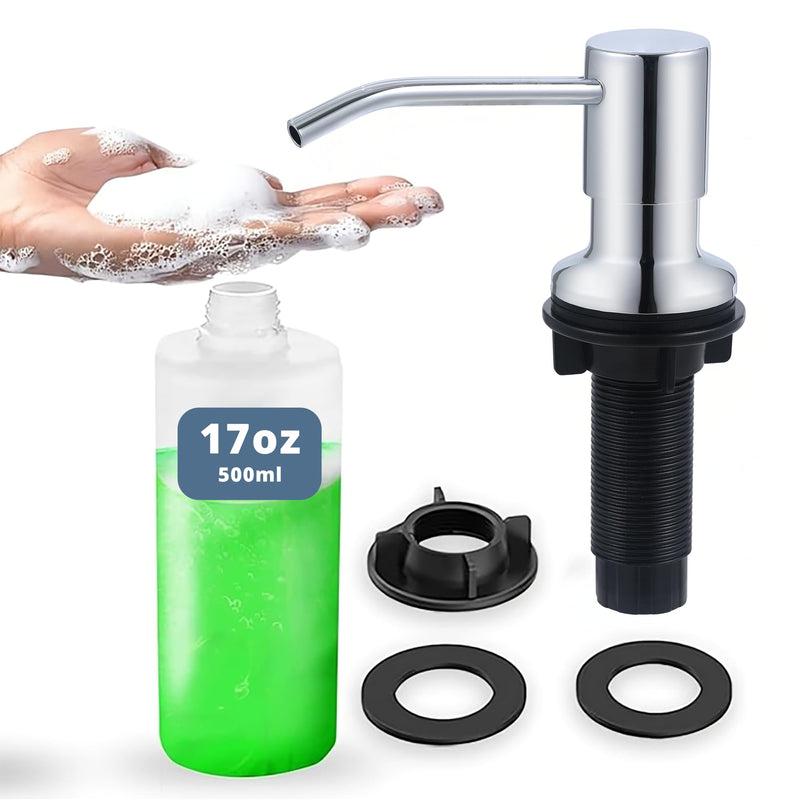 SBEN Built-in Kitchen Sink Soap or Lotion Dispenser Set, Stainless Steel, Chrome Pump, 17 oz PET Bottle, Durable ABS Head, 360° Rotation (Chrome)