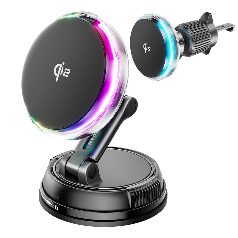 for Qi2 15W MagSafe Car Mount Charger with Cooling Fan, [Rapid Charging Cooler with RGB Lights], 78+LBS Stronger Suction Wireless Magnetic Mount on Vent/ Dash/ Windshield, for iPhone 17 16 15 14 13 12 Black