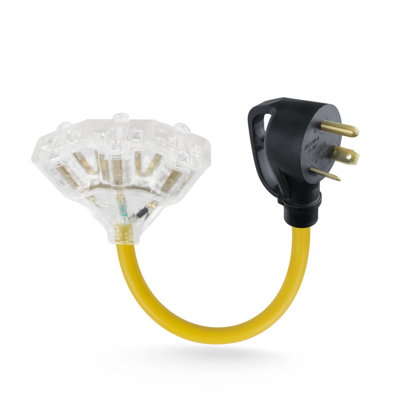 30 Amp NEMA TT-30P Male Plug to 3x5-15R/20R 110V/120V 20 Amp - 3-Way Household Outlets Splitter with LED Indicator | for RV Camping, Trailers, Home Garage-1.5FT