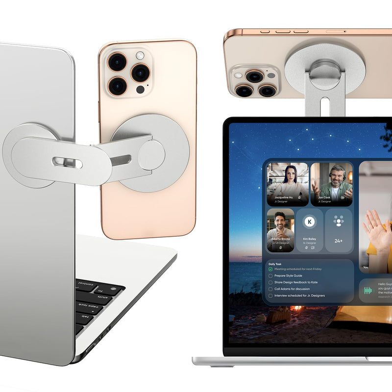 Magnetic Phone Holder for Laptop, Adjustable Computer Monitor Side Mount for iPhone 17/16/15/14/13/12 MagSafe for Tesla, Slim Portable Foldable Cell Phone Holder, Silver