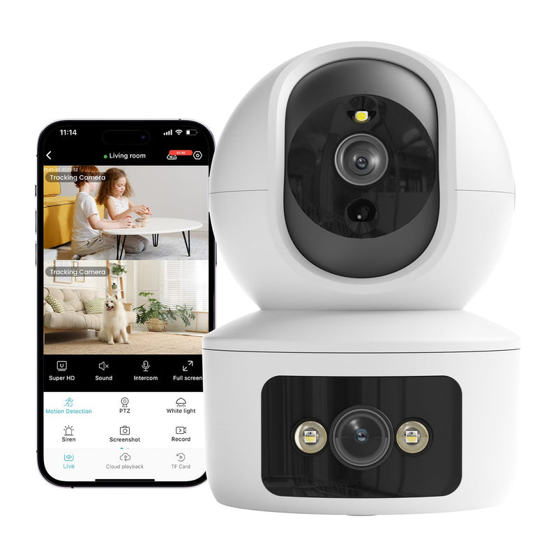 Security Camera, Dual Lens 2.4GHz & 5GHz WiFi Cameras for Home Security Indoor, Pet/Dog/Baby Camera, Security Camera Indoor with 360° Pan&Tilt, Motion Detection and AutoTtracking, Night Vision WiFi Dual lens camera