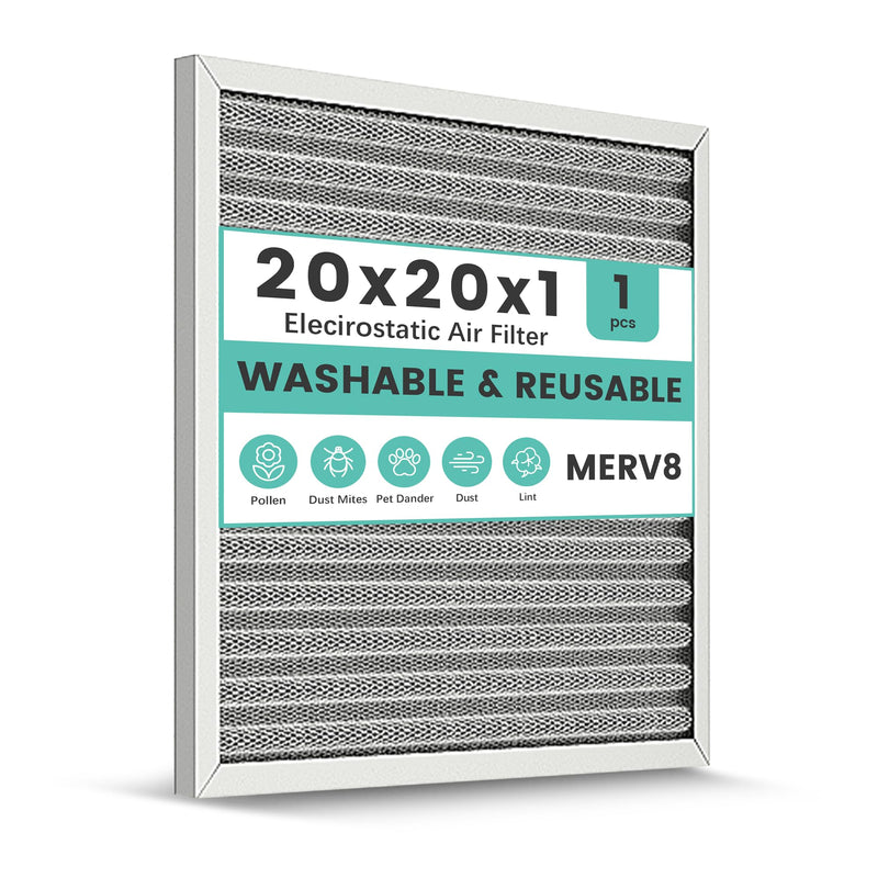 20x20x1 HVAC Furnace Air Filter, Washable Electrostatic Furnace Filter, MERV 8, Lasts a Lifetime, Breathe Fresher, Home And Office (Actual Size:19.75x19.75x0.82) 20" x 20" x 1"
