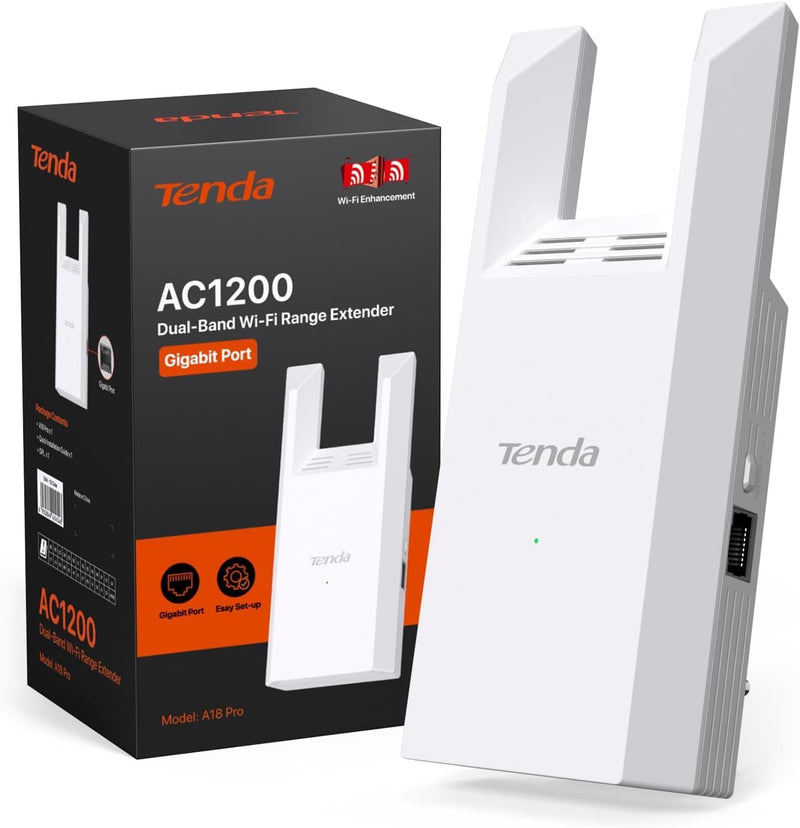Tenda WiFi Range Extender AC1200 - WiFi Extender with Gigabit Ethernet Port, 1.2Gbps Home Signal Booster, Dual Band, Up to 1600 Sq & 32 Devices (A18Pro) A18Pro