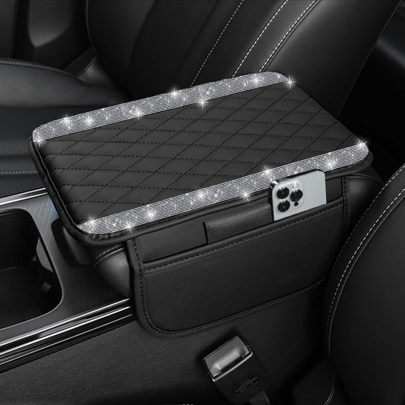 NBTEPEM Bling Car Center Console Cover, Leather Car Arm Rest Cover Cushion with 2 Storage Bags, Universal Auto Armrest Protector Storage Box, Bling Accessories Interior for Most Vehicles (Silver) Silver Diamond