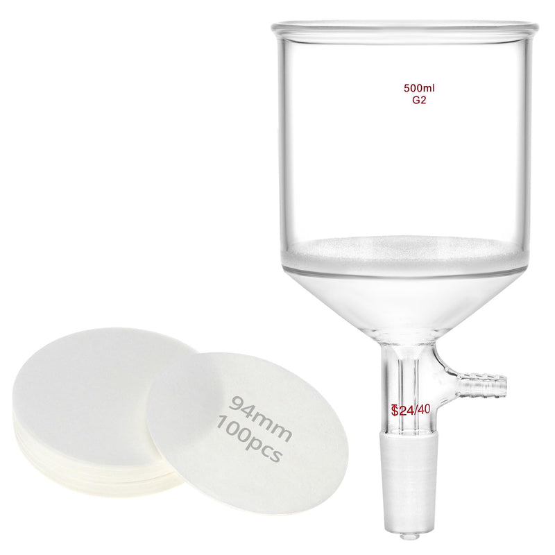 QWORK 500ml Borosilicate Glass Buchner Filtering Funnel with Medium Frit (G2) - 24/40 Standard Taper Inner Joint & 100 Pcs 93mm Filter Paper