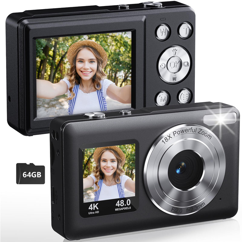 Digital Camera Dual Screen Kids Camera 4K 48MP with Autofocus & 16X Zoom, Internal Battery, 64GB SD Card Included | Portable Selfie Camera for Teens Children, Starter Vlogging Cameras Black