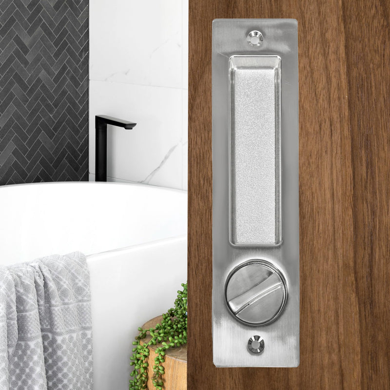 Pocket Door Lock with Key Privacy Pocket Door Handle Hardware with Lock for Bathroom Bedroom Invisible Rectangular Edge Pull Furniture Hardware(Brushed Sliver, 7 Inch) Brushed Nickel