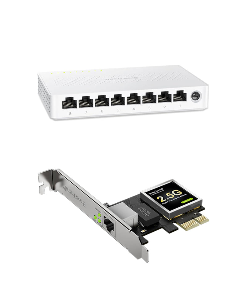 BrosTrend 8 Port 2.5G Network Switch, Unmanaged Ethernet Switch Multi-Gigabit + 2.5Gb Network Card, PCIe Network Adapter RJ45 NIC