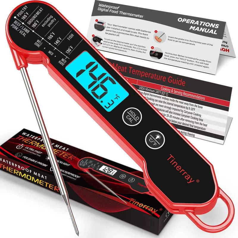  [AUSTRALIA] - Digital Meat Thermometer for Cooking – Waterproof Instant Read Food Thermometer with Backlight & Calibration, Fast Read, Folding Probe for BBQ, Grill, Candy, Deep Fry, Kitchen, Liquids, Beef（Red） Red