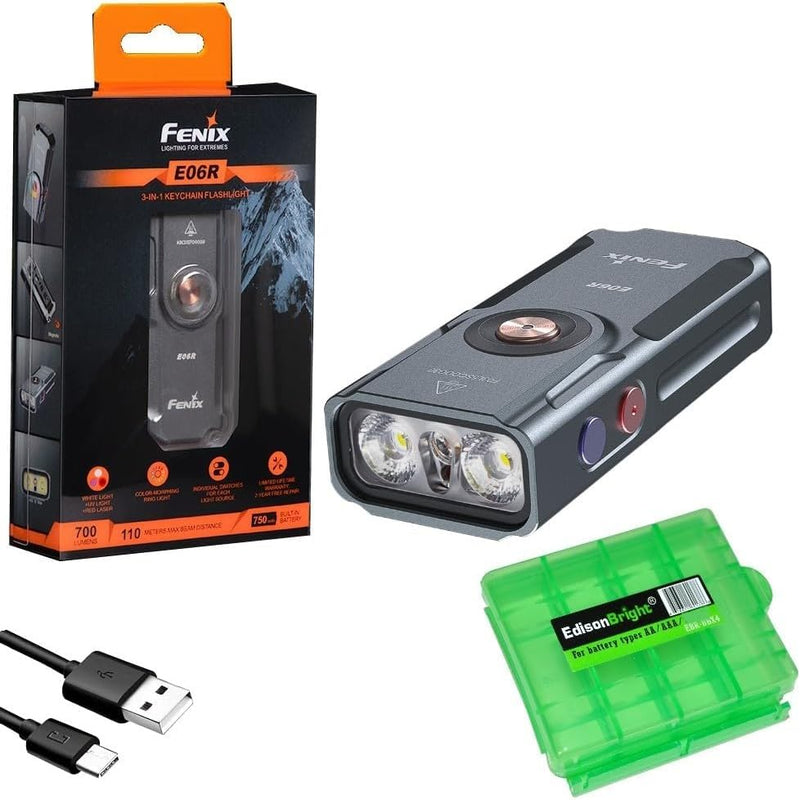 Fenix E06R 700 Lumen USB Rechargeable LED Keychain Flashlight/UV/Blacklight with EdisonBright Accessory case Bundle (Grey) Gray