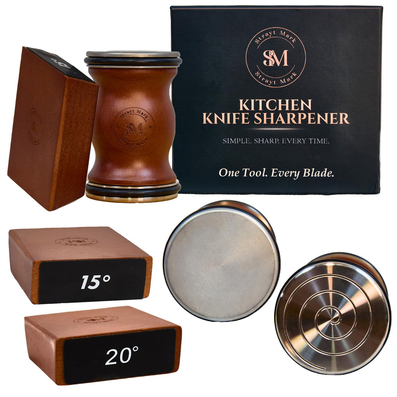 Rolling Knife Sharpener Kit – Premium Walnut Wood Kitchen Knife Sharpener for 15° & 20° Edge - Magnetic Knife sharpener with Diamond & Stainless Disc #1000/#3000