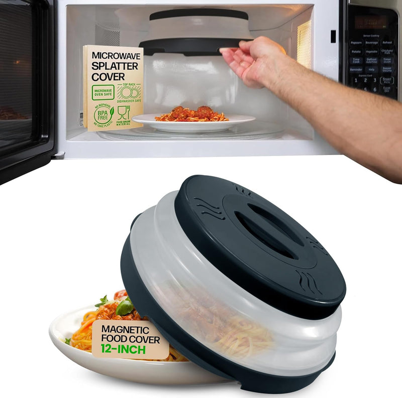 HOVER COVER Magnetic Microwave Splatter Cover with High Power, Strongest Magnetic Grip, Collapsible 12-Inch BPA-Free Food Lid, Vented Plate Guard, Dishwasher Safe, Space-Saving Storage - Black 1