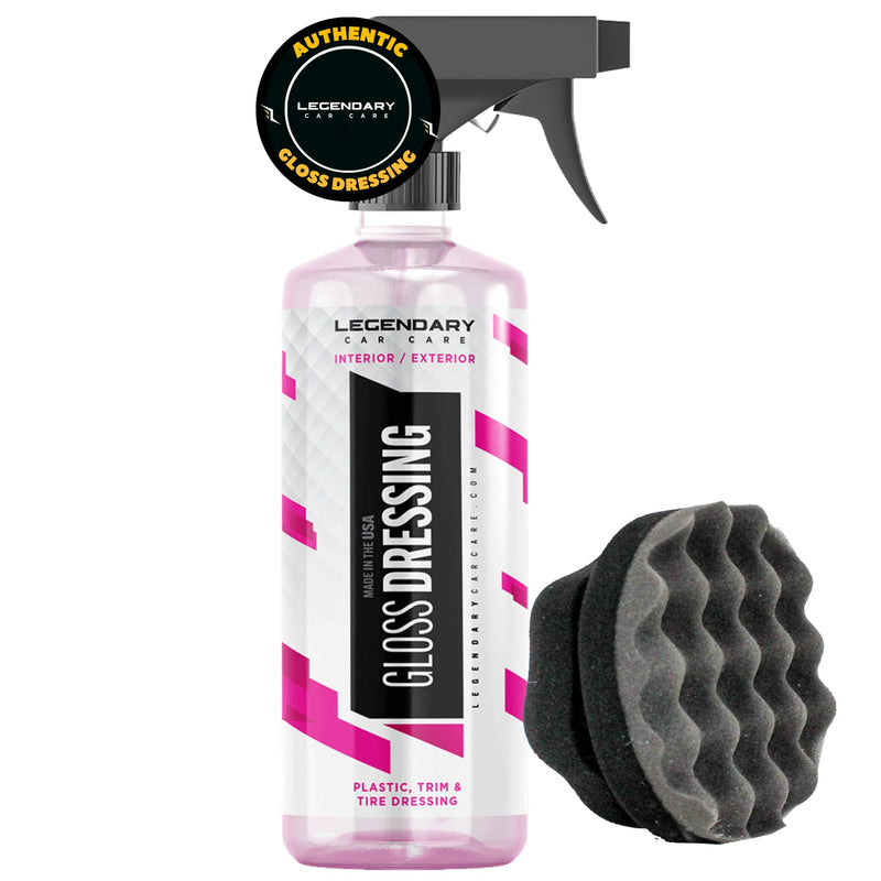 Legendary Gloss Dressing with Applicator 16oz - Tire Shine Spray & Plastic Restorer – Water Based & Non-Greasy Interior/Exterior Detailing Spray - Trim, Rubber, Vinyl & Plastic Restorer for Cars Gloss Dressing 16oz with Applicator
