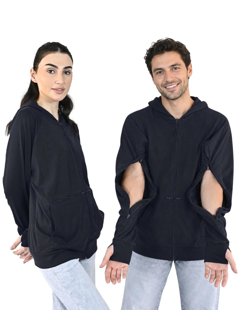 Inspired Comforts Unisex Dialysis & IV Access Hoodie – Dual Arm Zippers, Thumbhole Sleeves & Pockets Black Medium