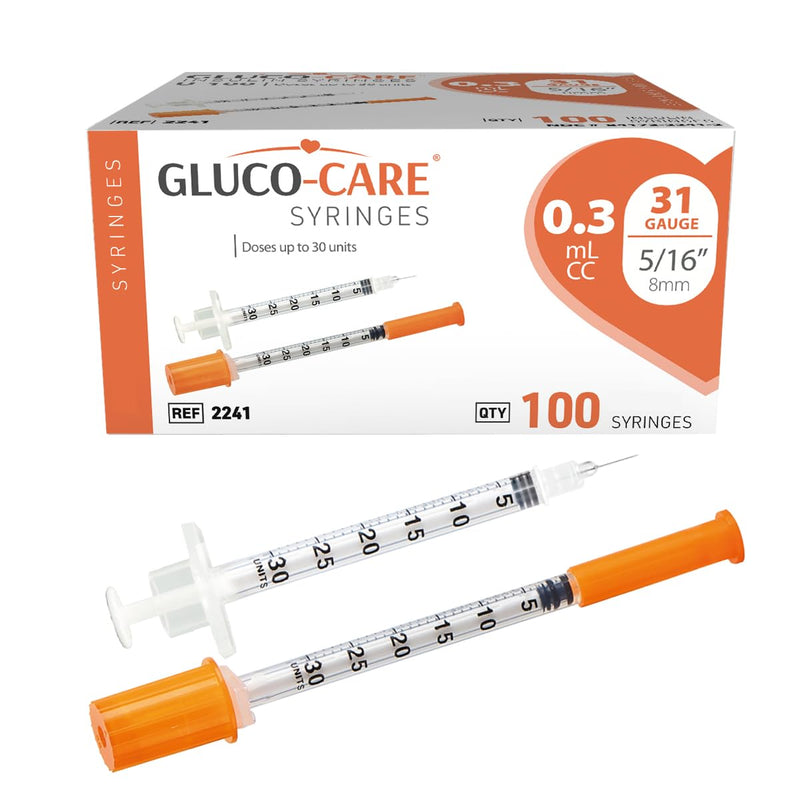 GLUCO-CARE 0.3 ml/cc Syringes 31G x 5/16’’ (8mm), Orange Cap, Box of 100 pcs 0.3ml 31G 5/16"