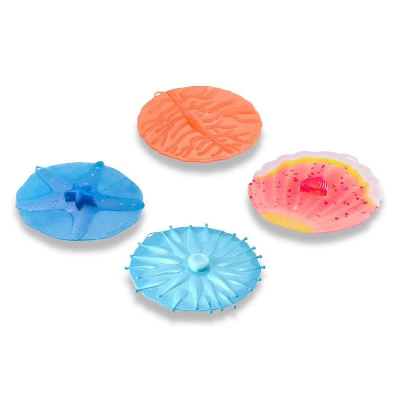 Charles Viancin - Coastal Silicone Lid for Food Storage - Costal Drink Covers - Set of 4 - One of Each - Creates an Airtight Seal on Any Smooth Rim Surface Set of 4 Drink Covers