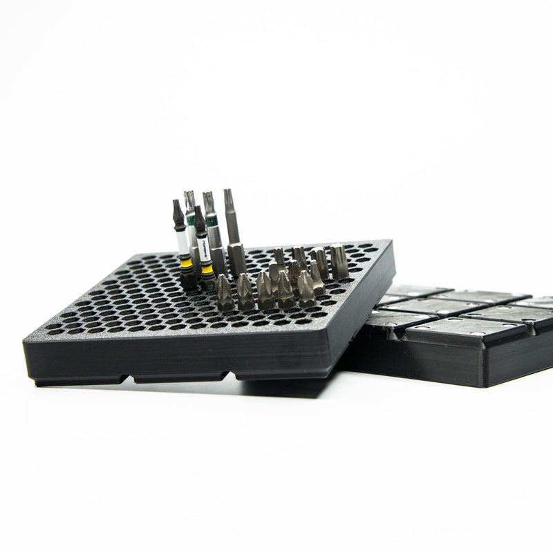 BOB'S TOOL COMPANY | Modular 1/4” Hex Bit Organizer System | 202-Slot Screwdriver/Driver Bit Holder for Toolbox & Workbench Storage | Gridfinity Compatible (Black, 126 mm x 126 mm) 202 Hex Slots - 126 mm x 126 mm Black