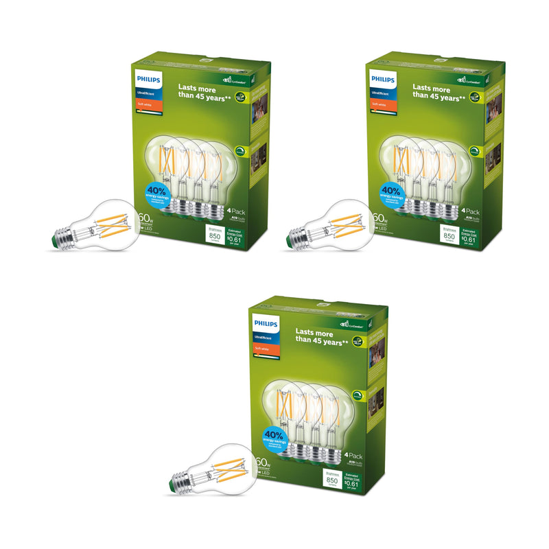 PHILIPS LED 60W A19 12-Pack Ultra Efficient Soft White (2700K) 850 Lumen (5W = 60W) Dimmable Clear, Flicker-Free Light Bulbs 60w Clear 12 Pack