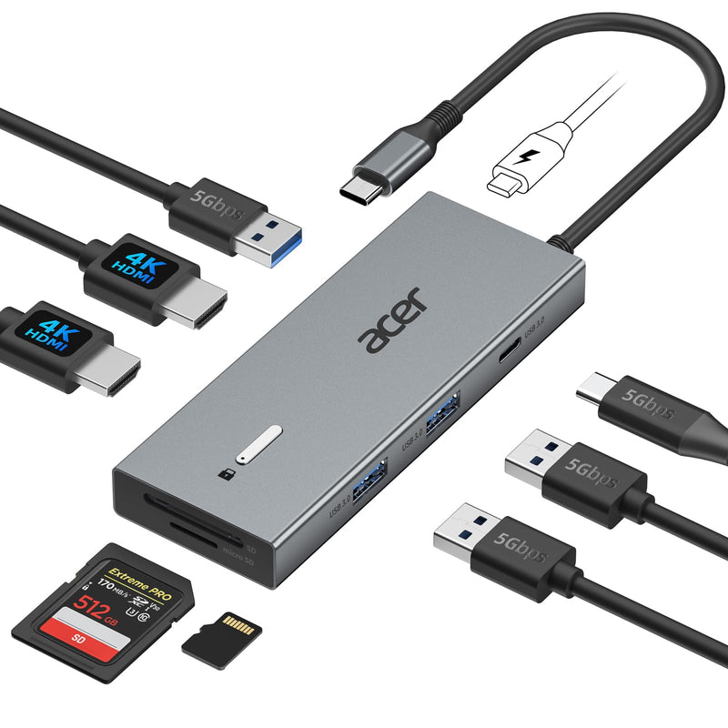 Acer USB-C Docking Station Dual Monitor, 9-in-1 Laptop Dock with 2 HDMI | Laptop Docking Station with 4K@60Hz HDMI, USB A&C 3.0, SD/Micro SD, 100W PD Compatible with Acer/Dell XPS/HP/Mac (0.65FT) 0.65FT