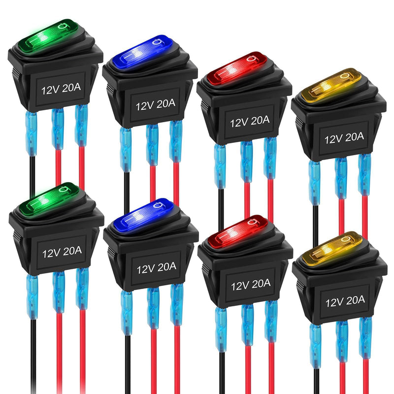 Linkstyle 8Pcs 12V Rocker Switch, 20A SPST 3 Pin ON/Off Waterproof Toggle Switch with LED for Car ATV RV Boat Truck (4 Colors)